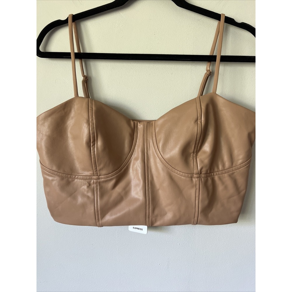 Express L Body Contour Faux Leather Corset Cropped Top Beige Tan Nude NWT Fall